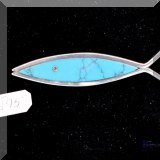 J075. Mexico sterling and turquoise fish pin. - $28 